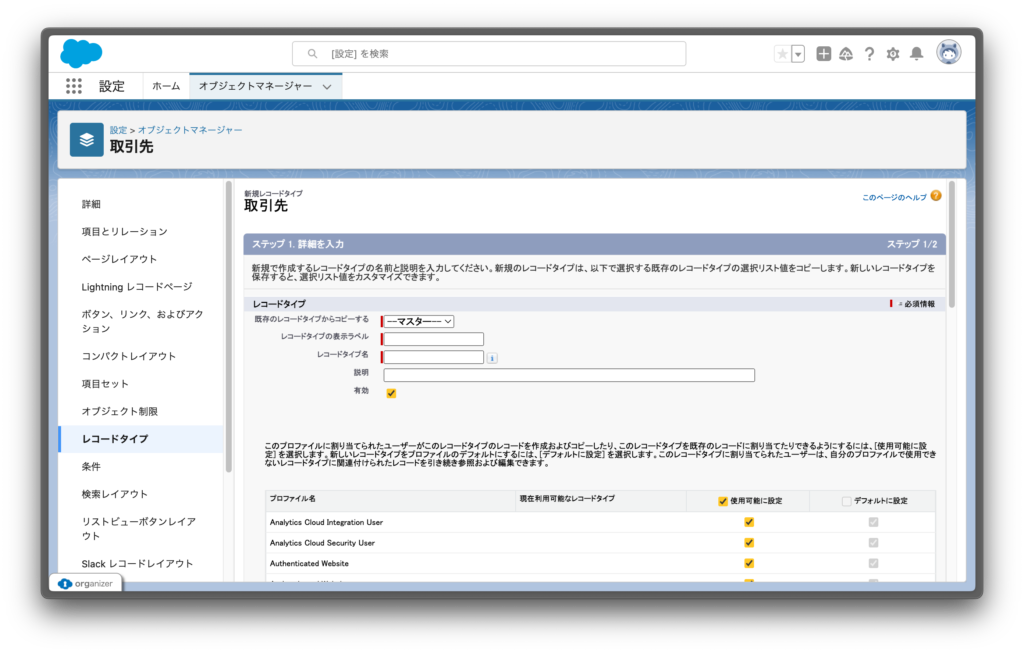 レコードタイプ 新規リスト 出ない